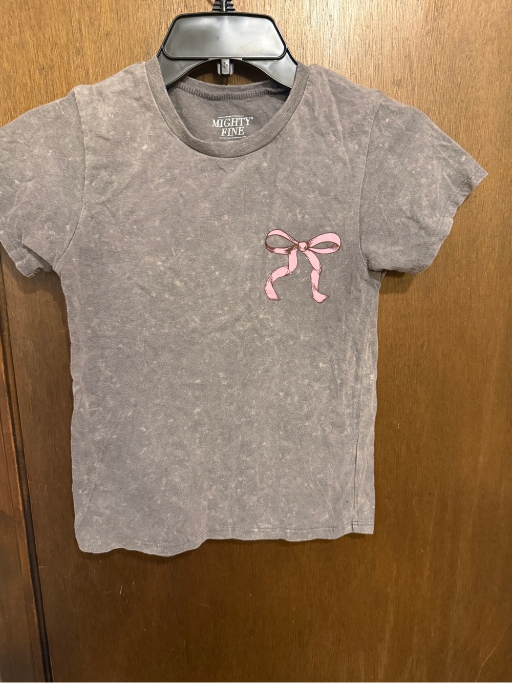 Mighty Fine Gray Short Sleeve Tee with Pink Bow Graphic